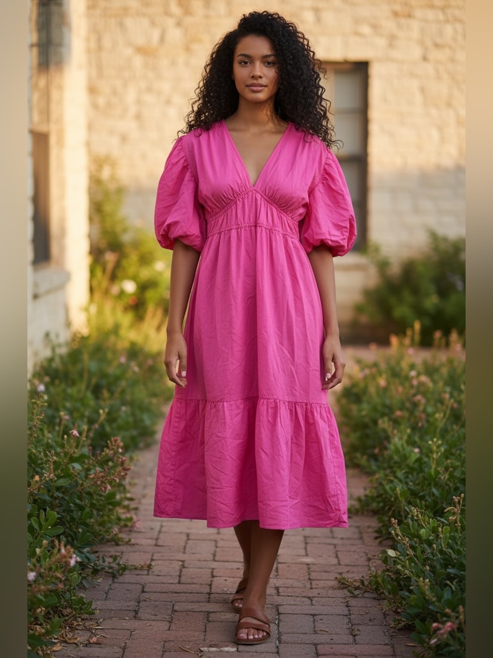 Jessica Simpson Hot Pink Midi Dress with Puff Sleeves